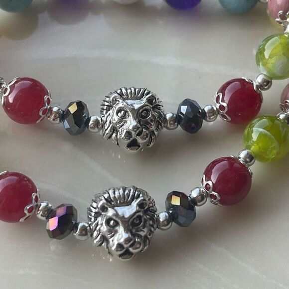 Lion head one NEW stretch bracelet beaded rainbow carnelian rhodonite Amazonite - Picture 2 of 9